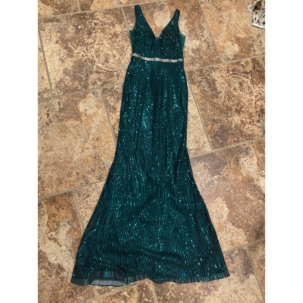 Elizabeth K by GLS Sequin Gown Women XS Emerald V-Neck Mermaid Formal Dress